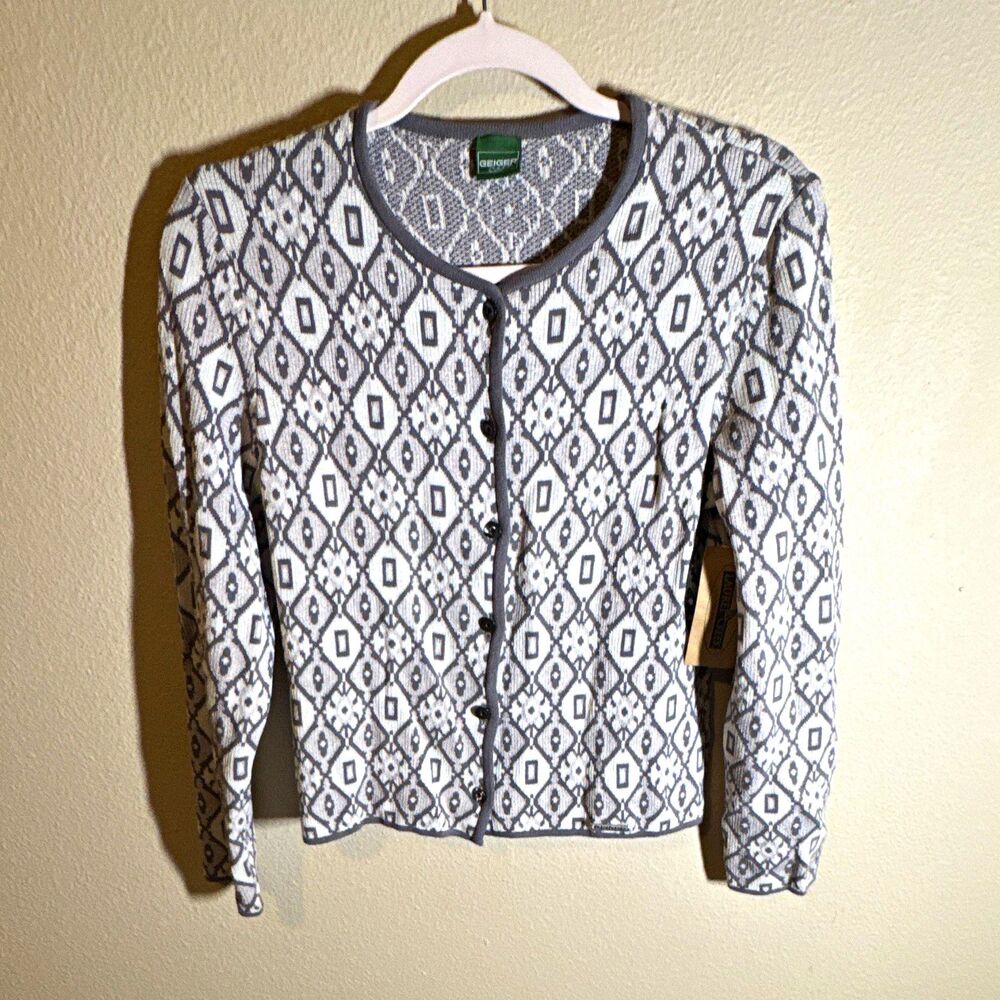 GEIGER Women’s Cardigan Sweater Size 36 Gray/White Geometric Button Knit